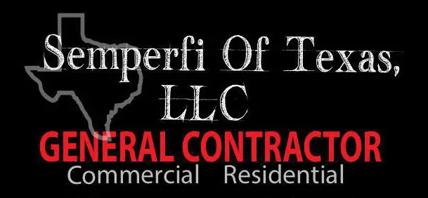 Logo with a Texas outline and text: Semperfi Of Texas, LLC in white, GENERAL CONTRACTOR in bold red, and Commercial Residential below in white on a black background.